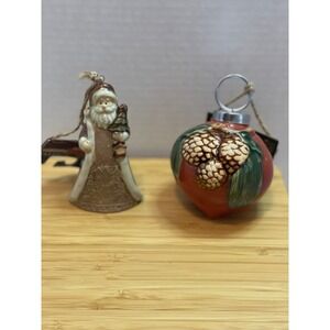 Set of 2 Rustic Cracker Barrel Country Store Christmas Ornaments Santa Pine Cone